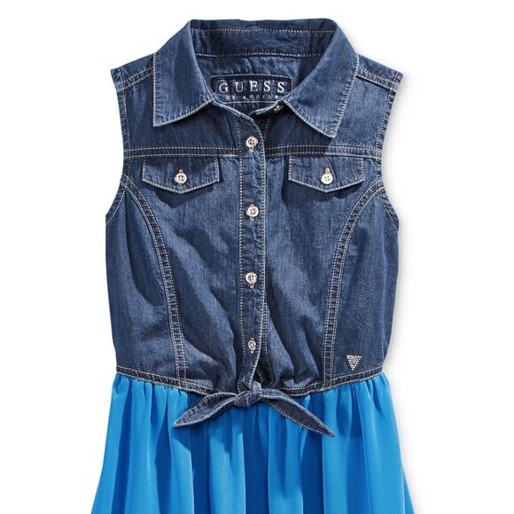 New! GUESS Girls' Tie-Front Denim & Chiffon High-Low Dress Blue Size Large (14) - Picture 2 of 2